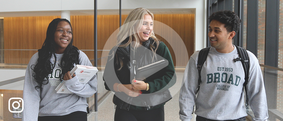Students in Broad-branded gear walk through the Minskoff Pavilion
