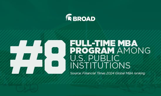 Broad: #8 Full-Time MBA program among U.S. public institutions, Source: Financial Times 2024 Global MBA ranking