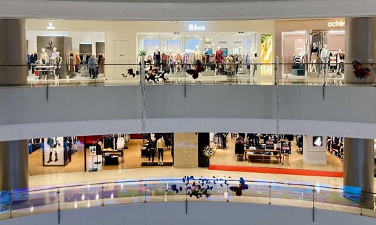 Two stories of shops in a shopping mall